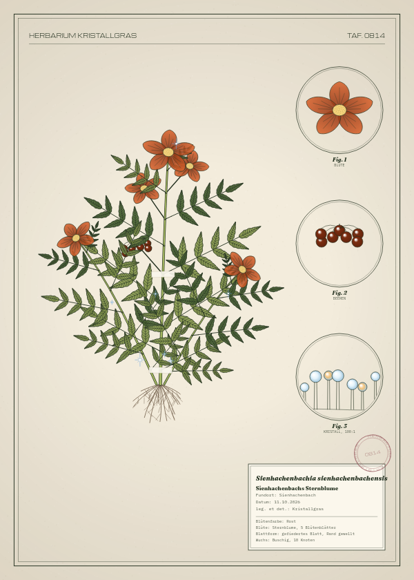 Botanische Tafel: Sienhachenbachia sienhachenbachensis, eine erfundene Pflanze aus Sienhachenbach, gezeichnet wie in einem alten Pflanzenatlas
