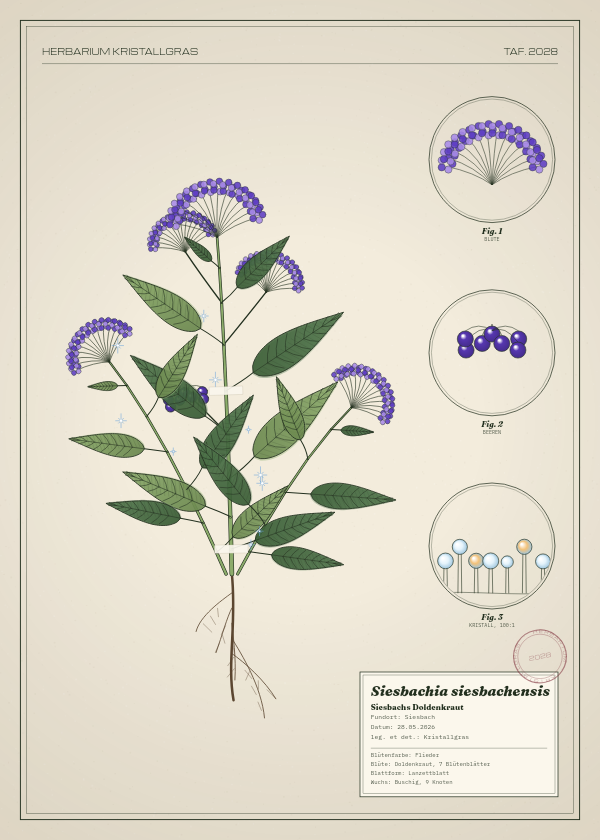 Botanische Tafel: Siesbachia siesbachensis, eine erfundene Pflanze aus Siesbach, gezeichnet wie in einem alten Pflanzenatlas