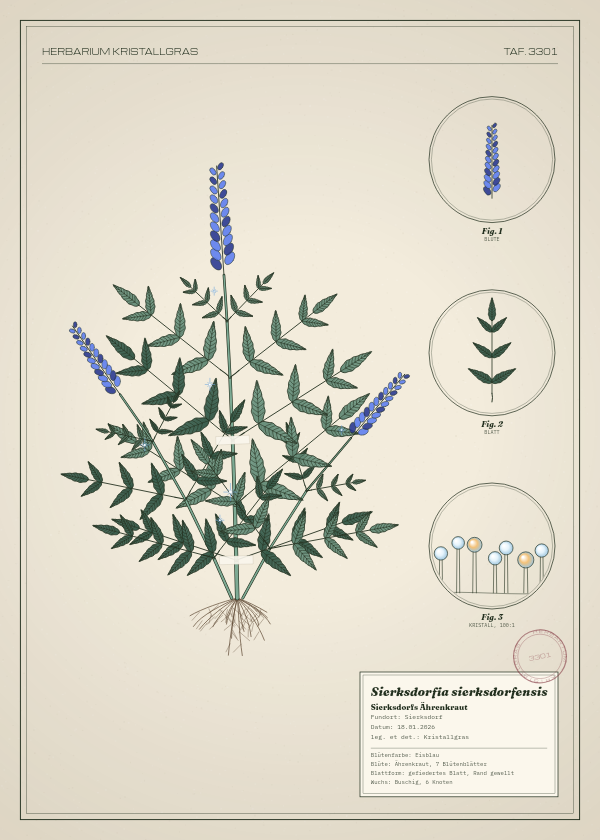 Botanische Tafel: Sierksdorfia sierksdorfensis, eine erfundene Pflanze aus Sierksdorf, gezeichnet wie in einem alten Pflanzenatlas