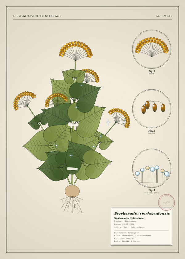 Botanische Tafel: Sierksradia sierksradensis, eine erfundene Pflanze aus Sierksrade, gezeichnet wie in einem alten Pflanzenatlas