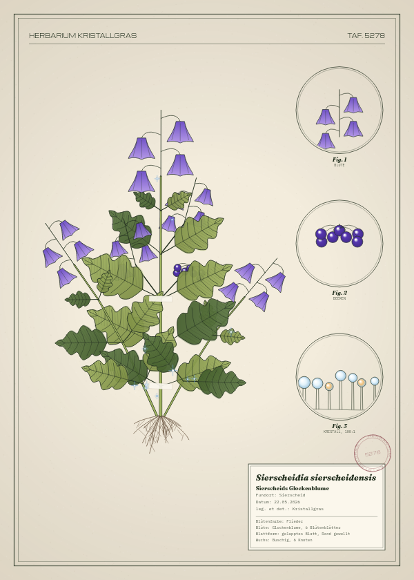 Botanische Tafel: Sierscheidia sierscheidensis, eine erfundene Pflanze aus Sierscheid, gezeichnet wie in einem alten Pflanzenatlas