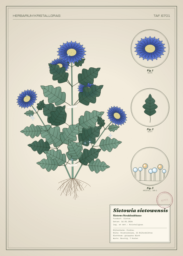 Botanische Tafel: Sietowia sietowensis, eine erfundene Pflanze aus Sietow, gezeichnet wie in einem alten Pflanzenatlas