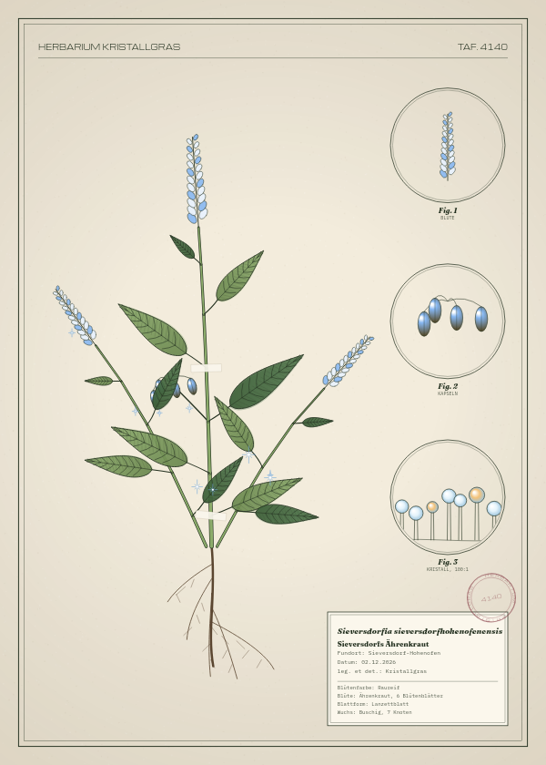 Botanische Tafel: Sieversdorfia sieversdorfhohenofenensis, eine erfundene Pflanze aus Sieversdorf-Hohenofen, gezeichnet wie in einem alten Pflanzenatlas