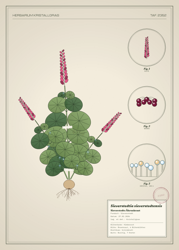 Botanische Tafel: Sieverstedtia sieverstedtensis, eine erfundene Pflanze aus Sieverstedt, gezeichnet wie in einem alten Pflanzenatlas