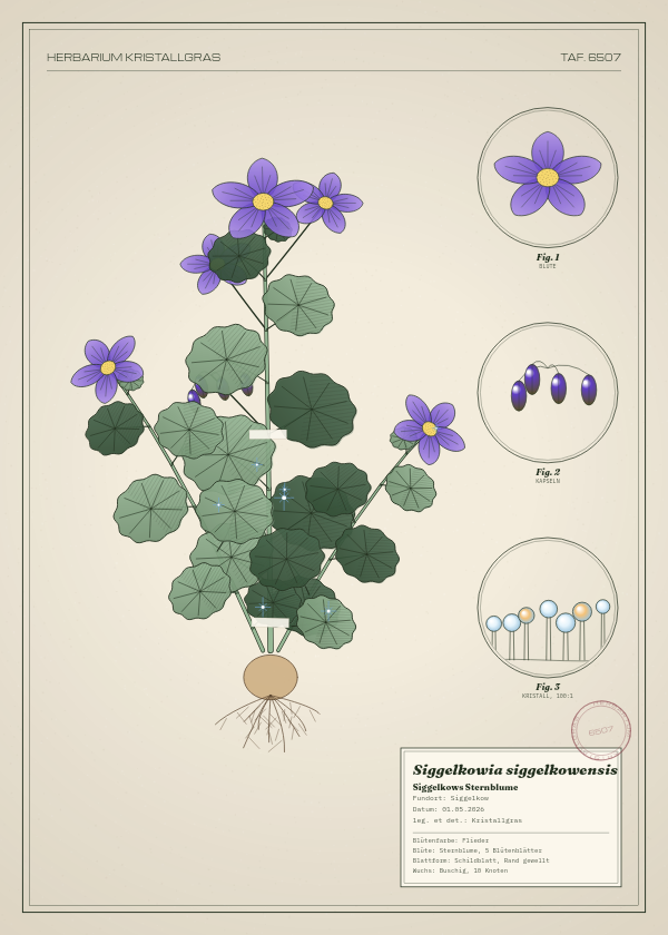 Botanische Tafel: Siggelkowia siggelkowensis, eine erfundene Pflanze aus Siggelkow, gezeichnet wie in einem alten Pflanzenatlas
