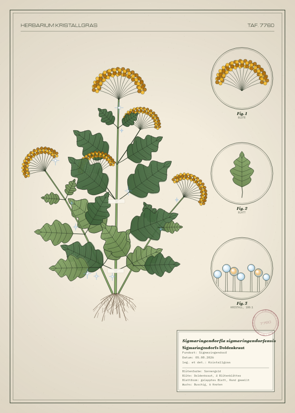 Botanische Tafel: Sigmaringendorfia sigmaringendorfensis, eine erfundene Pflanze aus Sigmaringendorf, gezeichnet wie in einem alten Pflanzenatlas