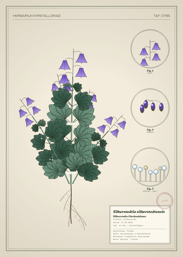 Botanische Tafel: Silberstedtia silberstedtensis, eine erfundene Pflanze aus Silberstedt, gezeichnet wie in einem alten Pflanzenatlas