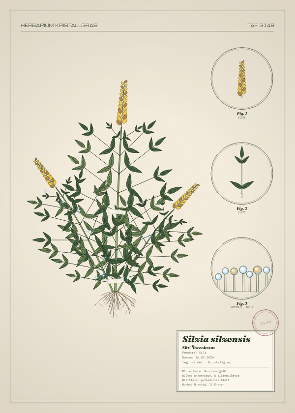 Botanische Tafel: Silzia silzensis, eine erfundene Pflanze aus Silz, gezeichnet wie in einem alten Pflanzenatlas