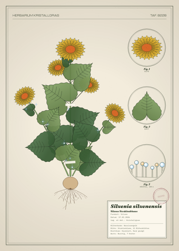 Botanische Tafel: Silzenia silzenensis, eine erfundene Pflanze aus Silzen, gezeichnet wie in einem alten Pflanzenatlas