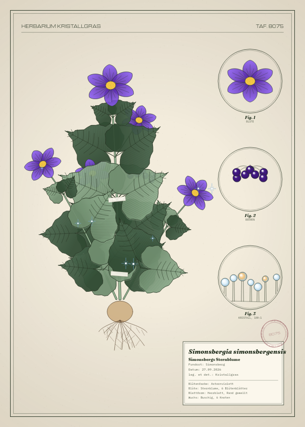 Botanische Tafel: Simonsbergia simonsbergensis, eine erfundene Pflanze aus Simonsberg, gezeichnet wie in einem alten Pflanzenatlas