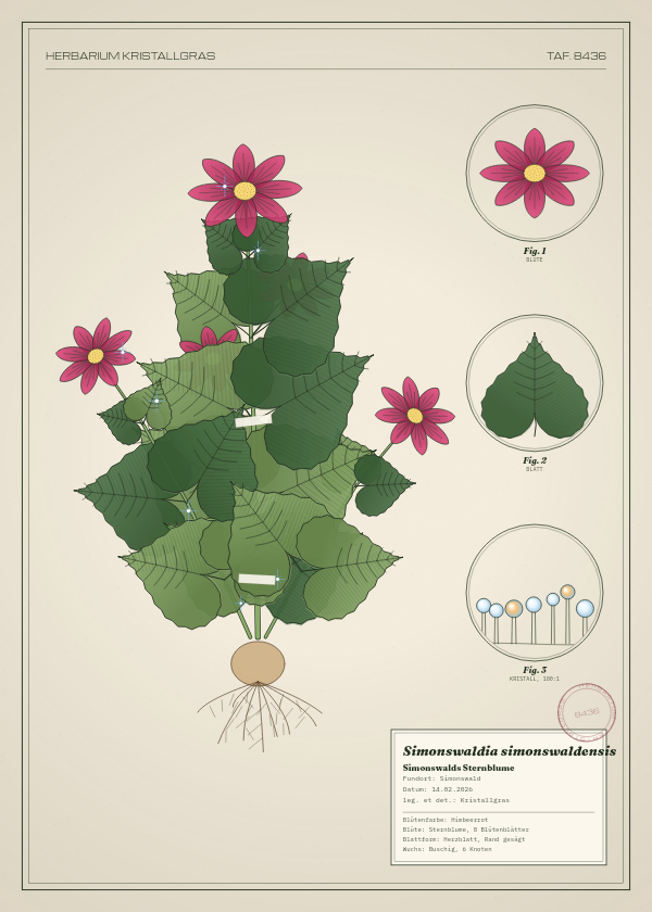 Botanische Tafel: Simonswaldia simonswaldensis, eine erfundene Pflanze aus Simonswald, gezeichnet wie in einem alten Pflanzenatlas
