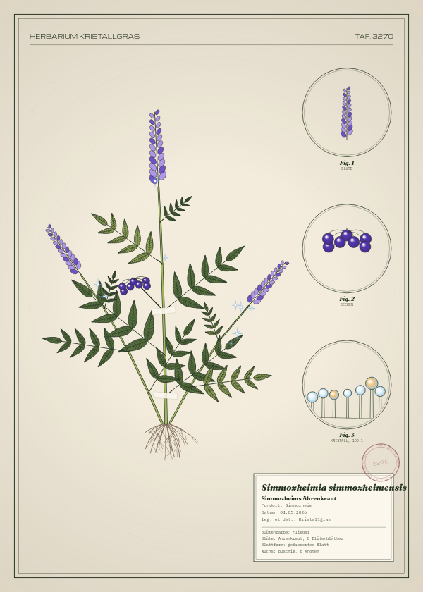 Botanische Tafel: Simmozheimia simmozheimensis, eine erfundene Pflanze aus Simmozheim, gezeichnet wie in einem alten Pflanzenatlas