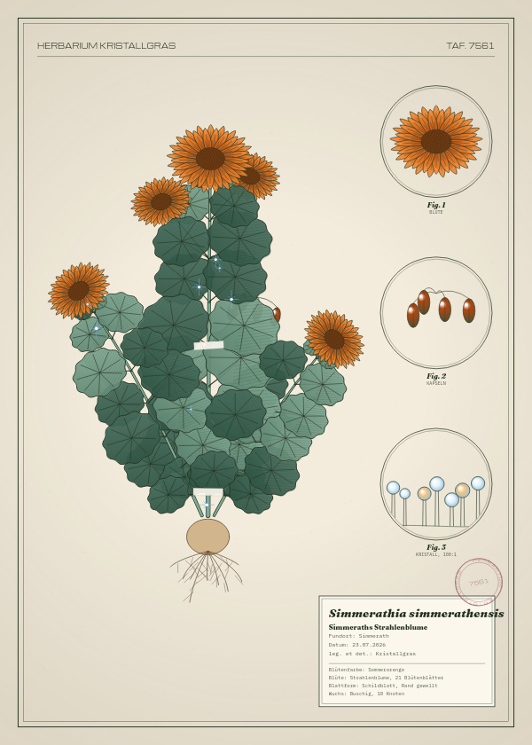 Botanische Tafel: Simmerathia simmerathensis, eine erfundene Pflanze aus Simmerath, gezeichnet wie in einem alten Pflanzenatlas