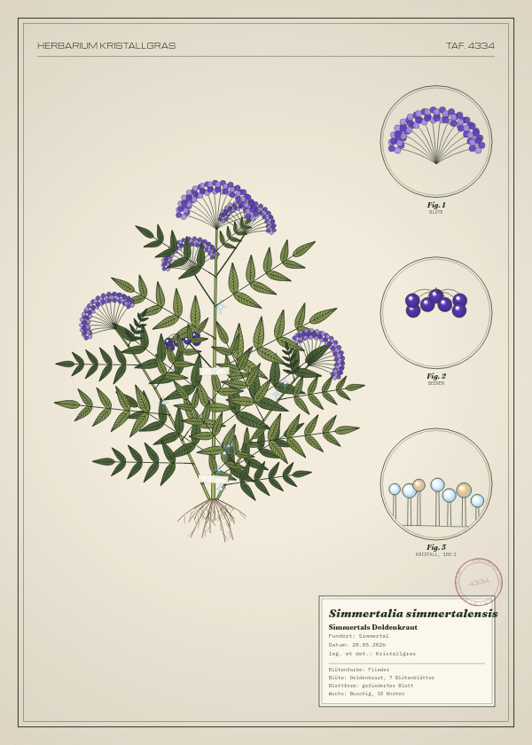 Botanische Tafel: Simmertalia simmertalensis, eine erfundene Pflanze aus Simmertal, gezeichnet wie in einem alten Pflanzenatlas