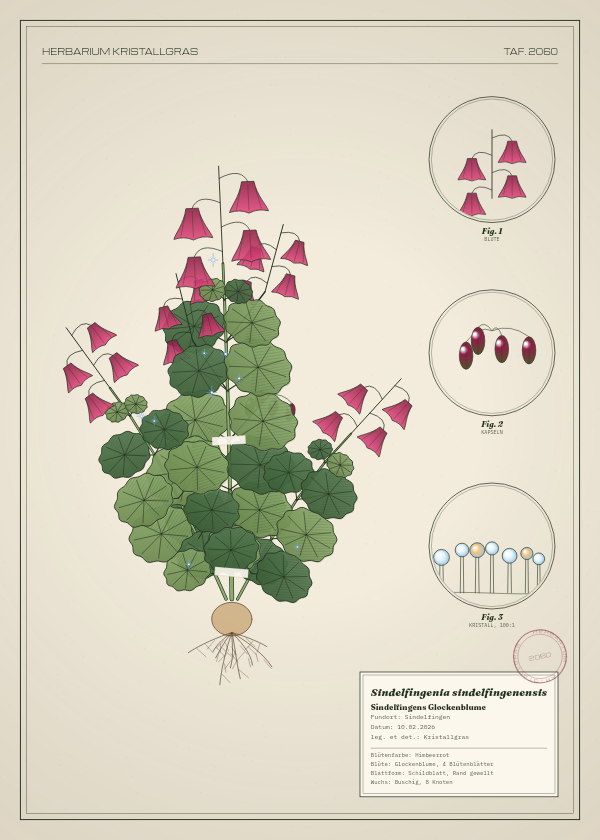 Botanische Tafel: Sindelfingenia sindelfingenensis, eine erfundene Pflanze aus Sindelfingen, gezeichnet wie in einem alten Pflanzenatlas