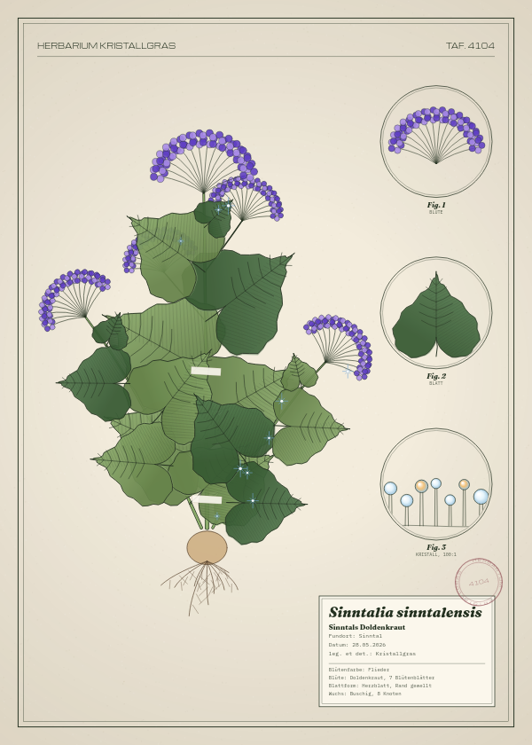 Botanische Tafel: Sinntalia sinntalensis, eine erfundene Pflanze aus Sinntal, gezeichnet wie in einem alten Pflanzenatlas