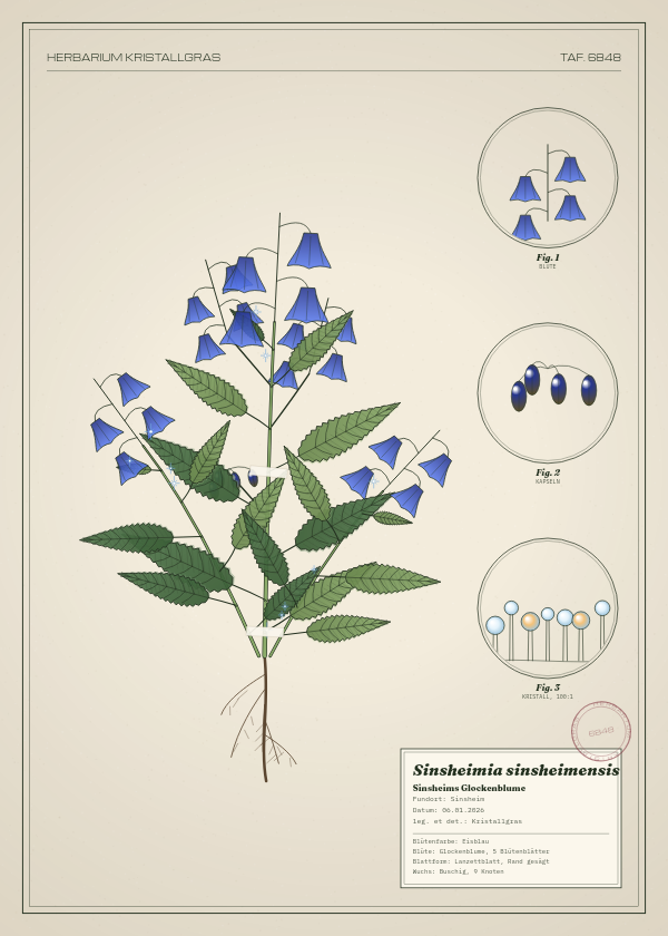 Botanische Tafel: Sinsheimia sinsheimensis, eine erfundene Pflanze aus Sinsheim, gezeichnet wie in einem alten Pflanzenatlas