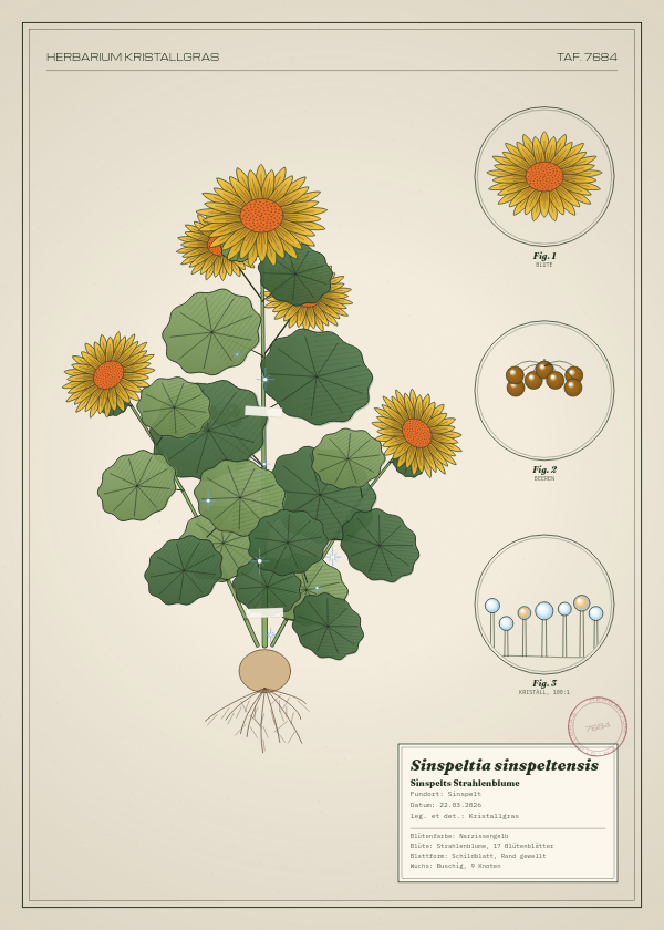 Botanische Tafel: Sinspeltia sinspeltensis, eine erfundene Pflanze aus Sinspelt, gezeichnet wie in einem alten Pflanzenatlas