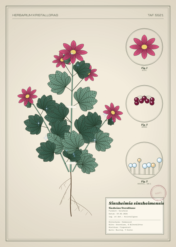 Botanische Tafel: Sinzheimia sinzheimensis, eine erfundene Pflanze aus Sinzheim, gezeichnet wie in einem alten Pflanzenatlas