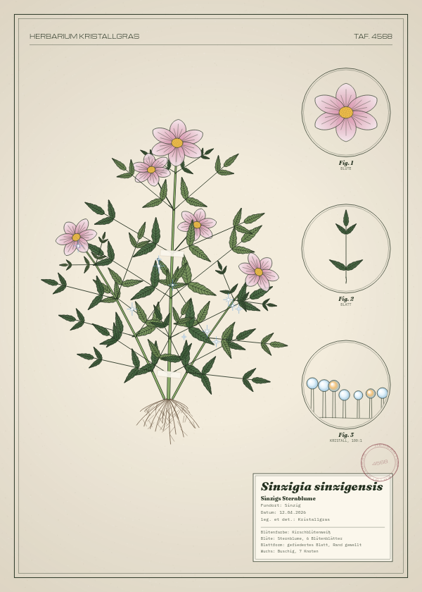 Botanische Tafel: Sinzigia sinzigensis, eine erfundene Pflanze aus Sinzig, gezeichnet wie in einem alten Pflanzenatlas