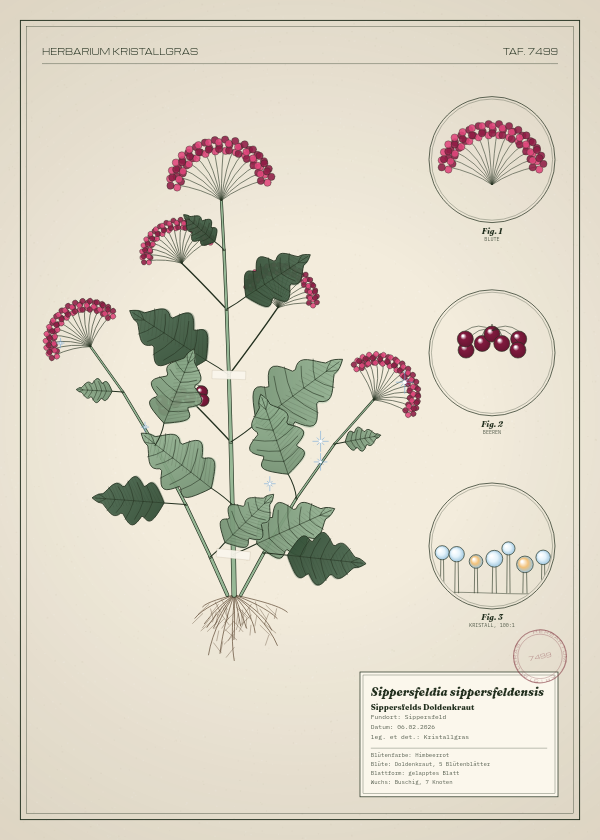 Botanische Tafel: Sippersfeldia sippersfeldensis, eine erfundene Pflanze aus Sippersfeld, gezeichnet wie in einem alten Pflanzenatlas