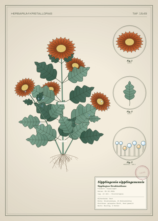 Botanische Tafel: Sipplingenia sipplingenensis, eine erfundene Pflanze aus Sipplingen, gezeichnet wie in einem alten Pflanzenatlas