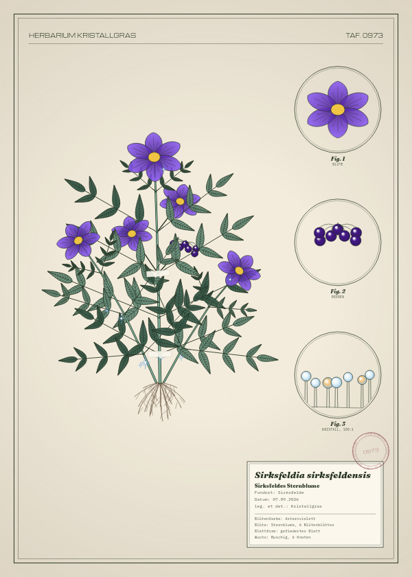 Botanische Tafel: Sirksfeldia sirksfeldensis, eine erfundene Pflanze aus Sirksfelde, gezeichnet wie in einem alten Pflanzenatlas