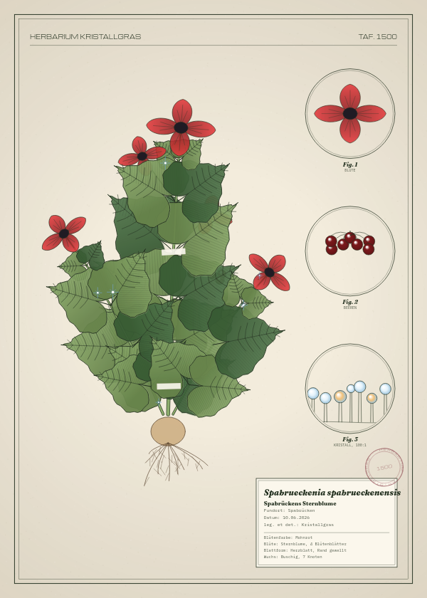 Botanische Tafel: Spabrueckenia spabrueckenensis, eine erfundene Pflanze aus Spabrücken, gezeichnet wie in einem alten Pflanzenatlas