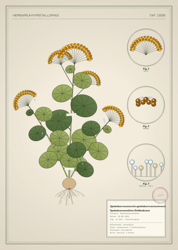 Botanische Tafel: Spahnharrenstaettia spahnharrenstaettensis, eine erfundene Pflanze aus Spahnharrenstätte, gezeichnet wie in einem alten Pflanzenatlas