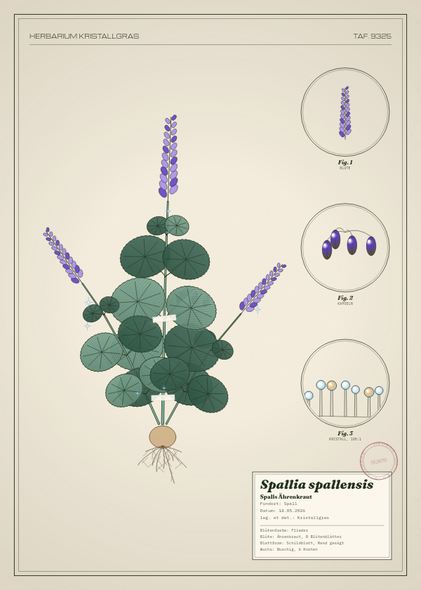 Botanische Tafel: Spallia spallensis, eine erfundene Pflanze aus Spall, gezeichnet wie in einem alten Pflanzenatlas