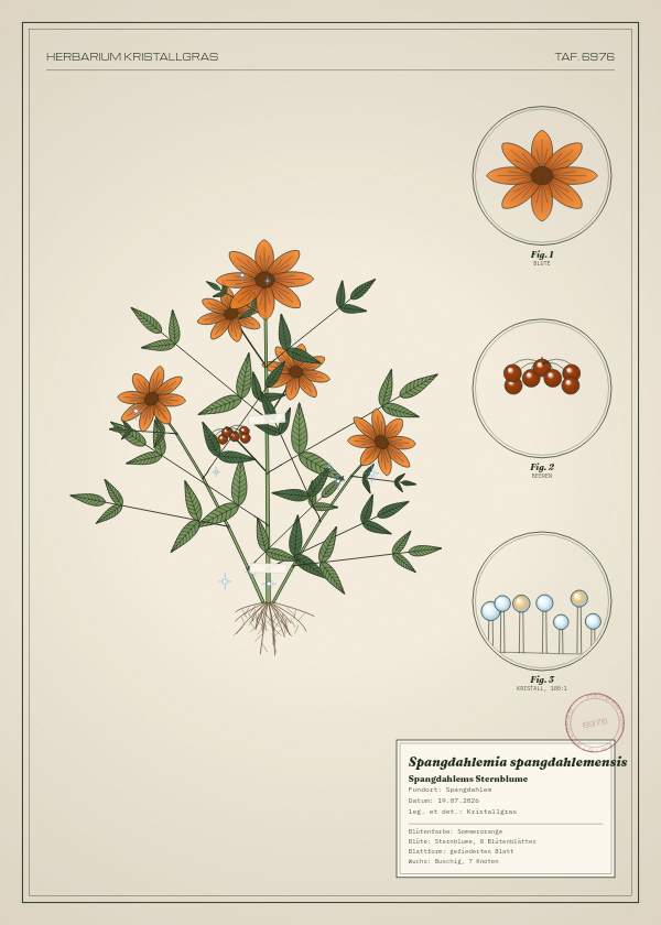Botanische Tafel: Spangdahlemia spangdahlemensis, eine erfundene Pflanze aus Spangdahlem, gezeichnet wie in einem alten Pflanzenatlas