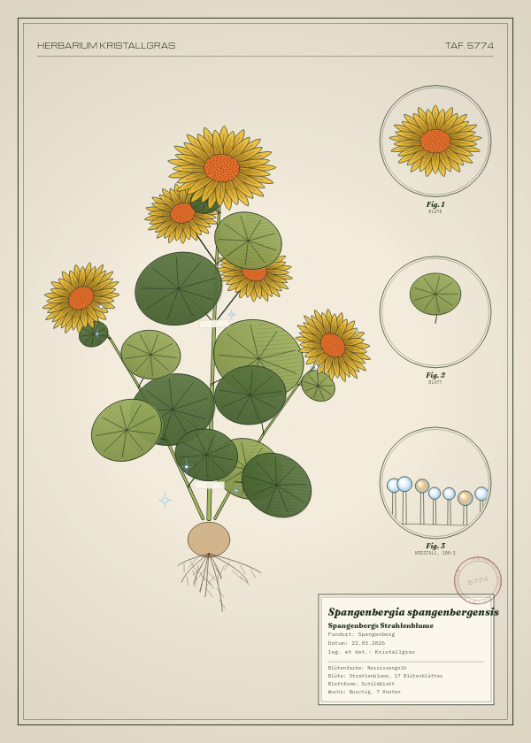 Botanische Tafel: Spangenbergia spangenbergensis, eine erfundene Pflanze aus Spangenberg, gezeichnet wie in einem alten Pflanzenatlas