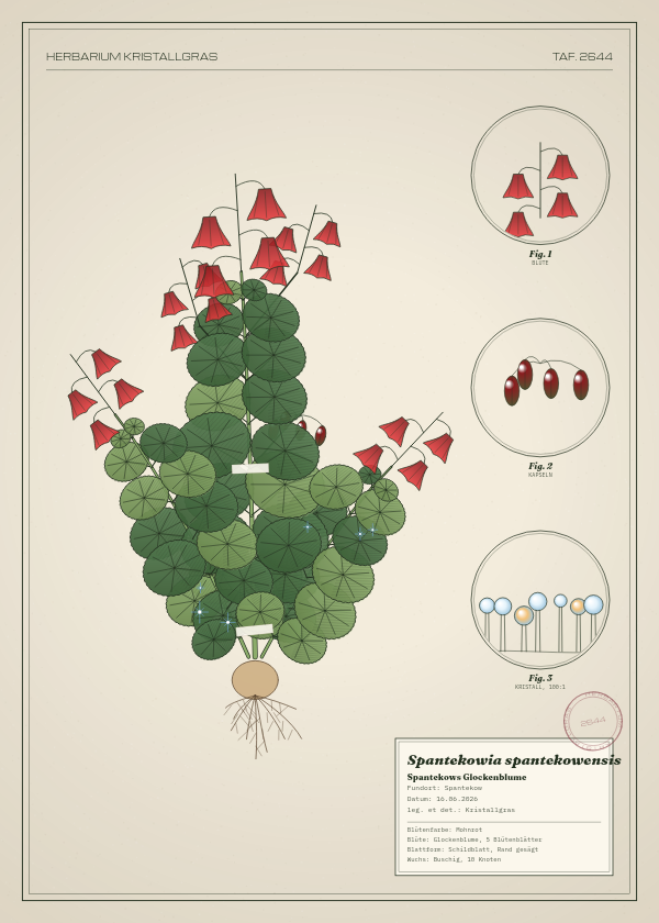Botanische Tafel: Spantekowia spantekowensis, eine erfundene Pflanze aus Spantekow, gezeichnet wie in einem alten Pflanzenatlas