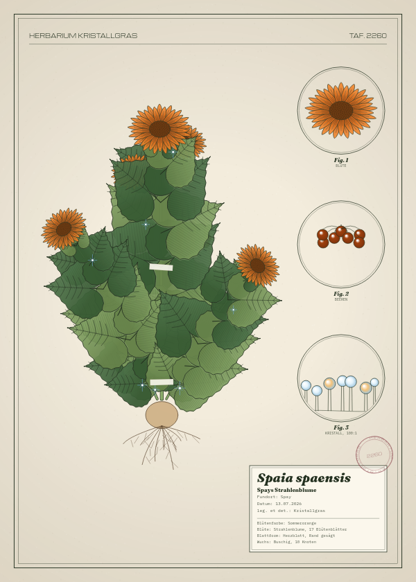 Botanische Tafel: Spaia spaensis, eine erfundene Pflanze aus Spay, gezeichnet wie in einem alten Pflanzenatlas