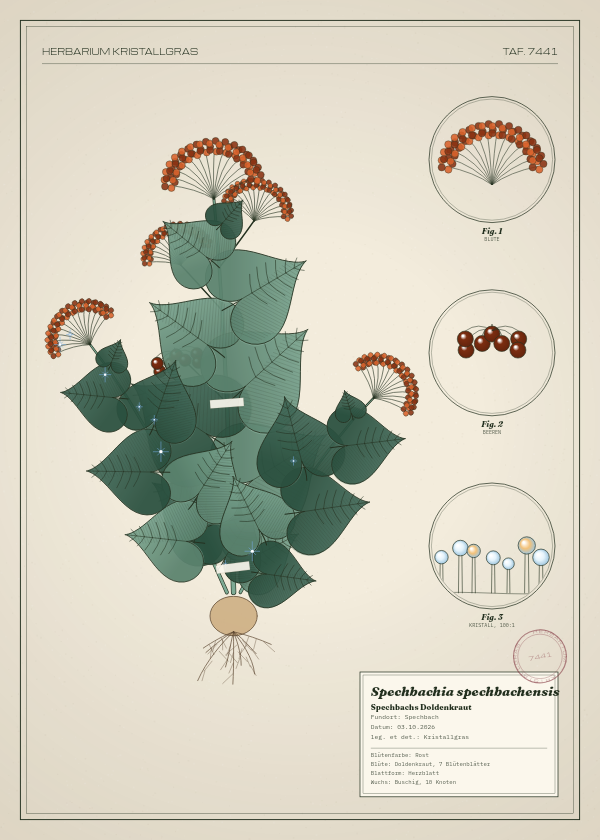 Botanische Tafel: Spechbachia spechbachensis, eine erfundene Pflanze aus Spechbach, gezeichnet wie in einem alten Pflanzenatlas