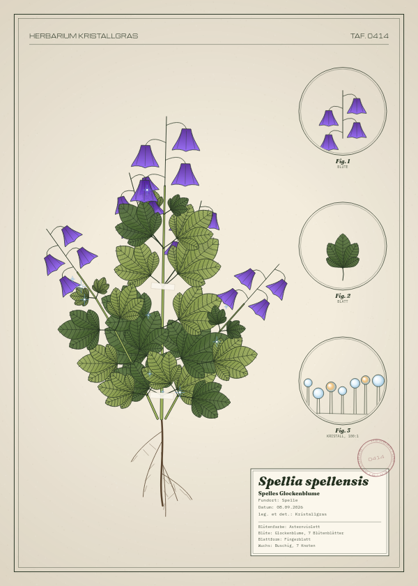 Botanische Tafel: Spellia spellensis, eine erfundene Pflanze aus Spelle, gezeichnet wie in einem alten Pflanzenatlas