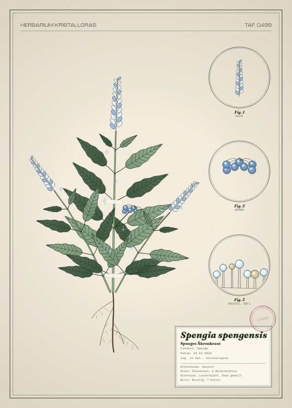 Botanische Tafel: Spengia spengensis, eine erfundene Pflanze aus Spenge, gezeichnet wie in einem alten Pflanzenatlas