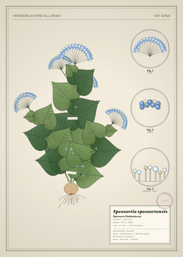 Botanische Tafel: Spessartia spessartensis, eine erfundene Pflanze aus Spessart, gezeichnet wie in einem alten Pflanzenatlas
