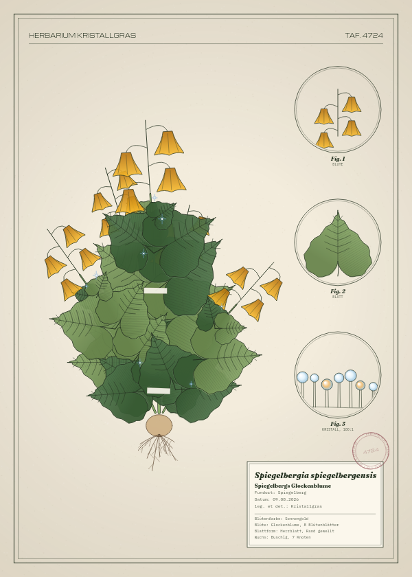 Botanische Tafel: Spiegelbergia spiegelbergensis, eine erfundene Pflanze aus Spiegelberg, gezeichnet wie in einem alten Pflanzenatlas