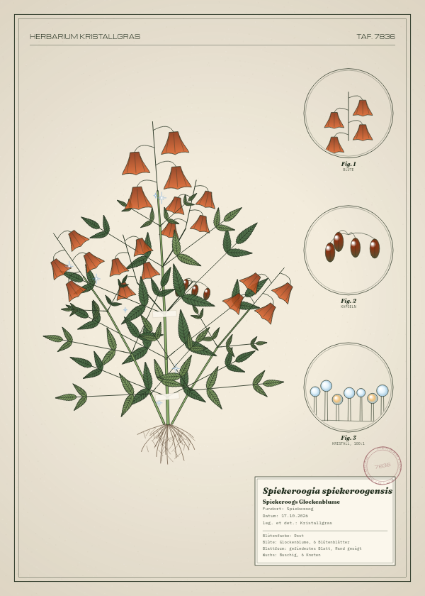 Botanische Tafel: Spiekeroogia spiekeroogensis, eine erfundene Pflanze aus Spiekeroog, gezeichnet wie in einem alten Pflanzenatlas