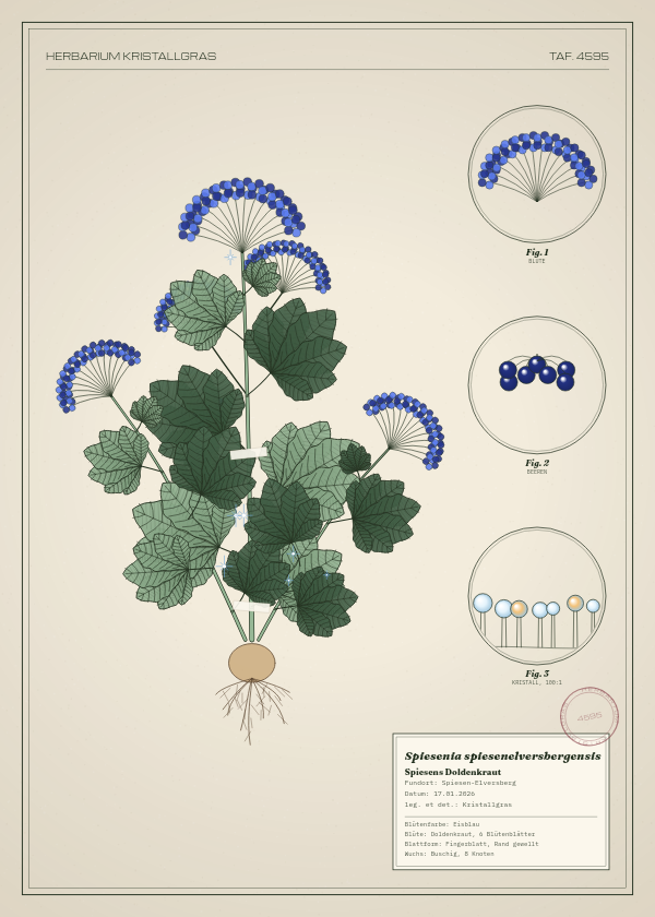 Botanische Tafel: Spiesenia spiesenelversbergensis, eine erfundene Pflanze aus Spiesen-Elversberg, gezeichnet wie in einem alten Pflanzenatlas