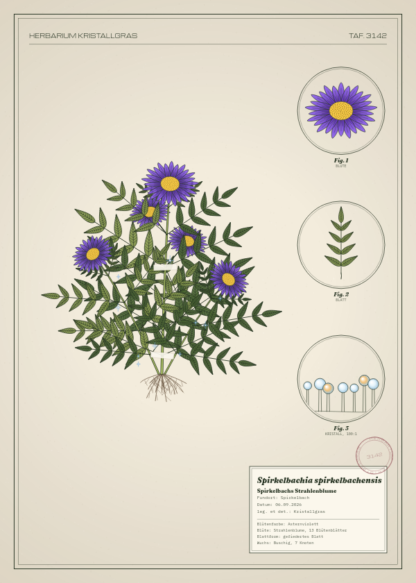 Botanische Tafel: Spirkelbachia spirkelbachensis, eine erfundene Pflanze aus Spirkelbach, gezeichnet wie in einem alten Pflanzenatlas