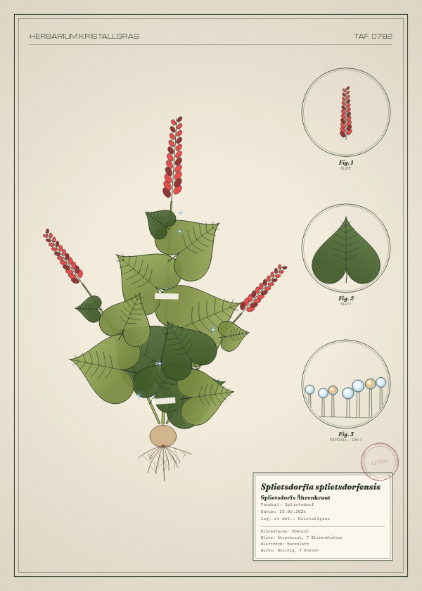Botanische Tafel: Splietsdorfia splietsdorfensis, eine erfundene Pflanze aus Splietsdorf, gezeichnet wie in einem alten Pflanzenatlas