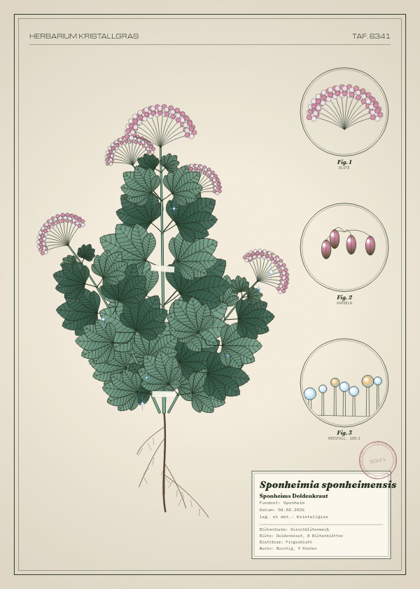 Botanische Tafel: Sponheimia sponheimensis, eine erfundene Pflanze aus Sponheim, gezeichnet wie in einem alten Pflanzenatlas