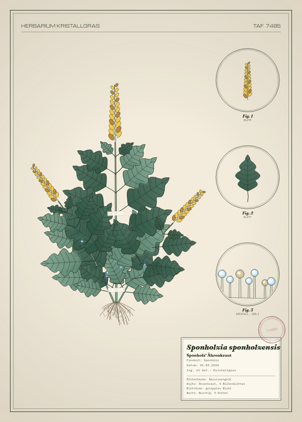 Botanische Tafel: Sponholzia sponholzensis, eine erfundene Pflanze aus Sponholz, gezeichnet wie in einem alten Pflanzenatlas