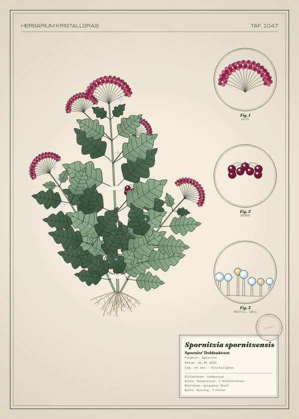Botanische Tafel: Spornitzia spornitzensis, eine erfundene Pflanze aus Spornitz, gezeichnet wie in einem alten Pflanzenatlas