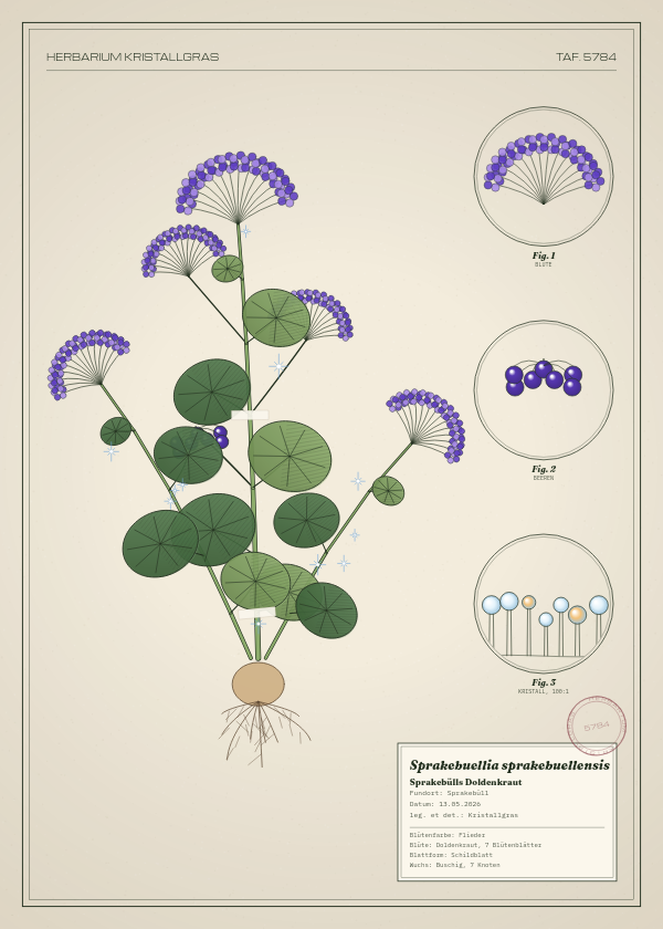 Botanische Tafel: Sprakebuellia sprakebuellensis, eine erfundene Pflanze aus Sprakebüll, gezeichnet wie in einem alten Pflanzenatlas
