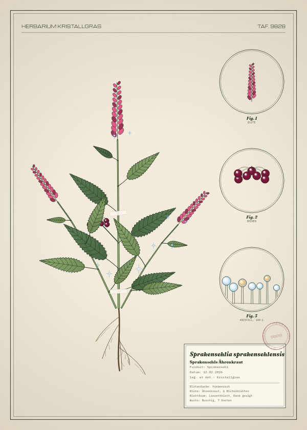 Botanische Tafel: Sprakensehlia sprakensehlensis, eine erfundene Pflanze aus Sprakensehl, gezeichnet wie in einem alten Pflanzenatlas