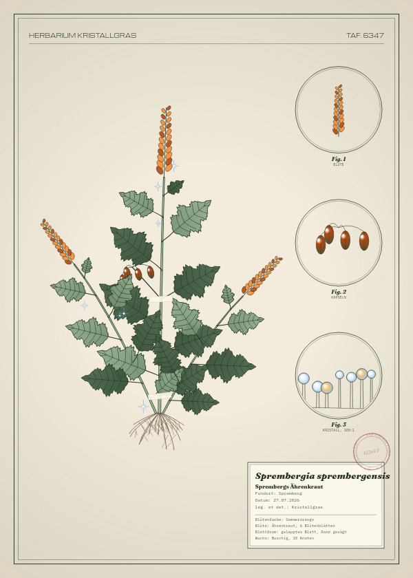 Botanische Tafel: Sprembergia sprembergensis, eine erfundene Pflanze aus Spremberg, gezeichnet wie in einem alten Pflanzenatlas