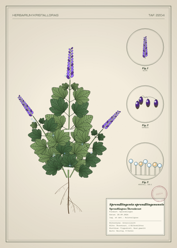 Botanische Tafel: Sprendlingenia sprendlingenensis, eine erfundene Pflanze aus Sprendlingen, gezeichnet wie in einem alten Pflanzenatlas